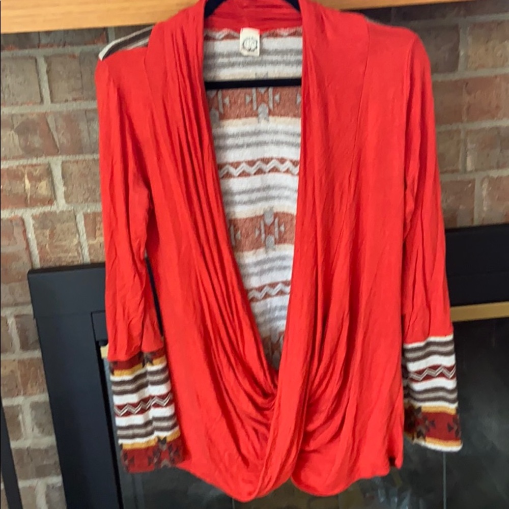 Lightweight cross front, tribal print sweater